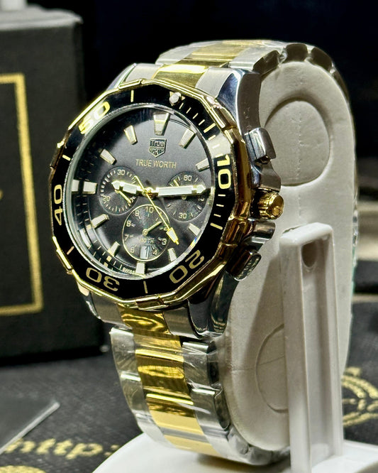 TRUE WORTH Branded Chronograph Men's Watch - Golden Silver